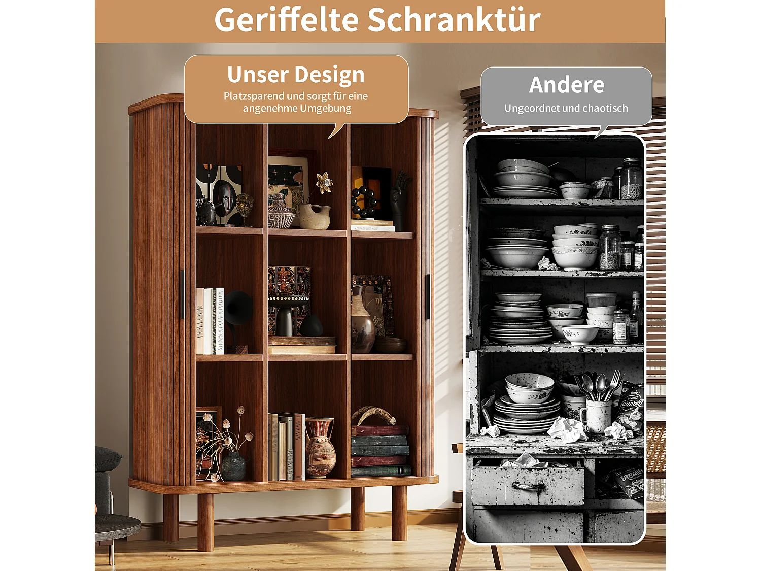 Buffet Haut avec Portes à Enroulement 110x160cm - Meuble de Rangement avec Coins Arrondis & Pieds en Bois Massif, Style Rétro - Marron Foncé