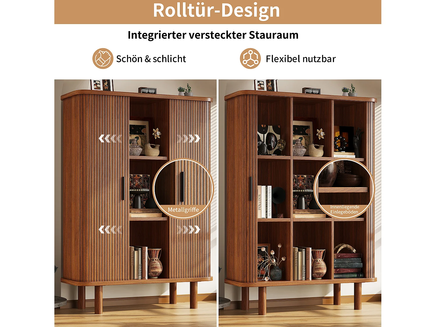 Buffet Haut avec Portes à Enroulement 110x160cm - Meuble de Rangement avec Coins Arrondis & Pieds en Bois Massif, Style Rétro - Marron Foncé