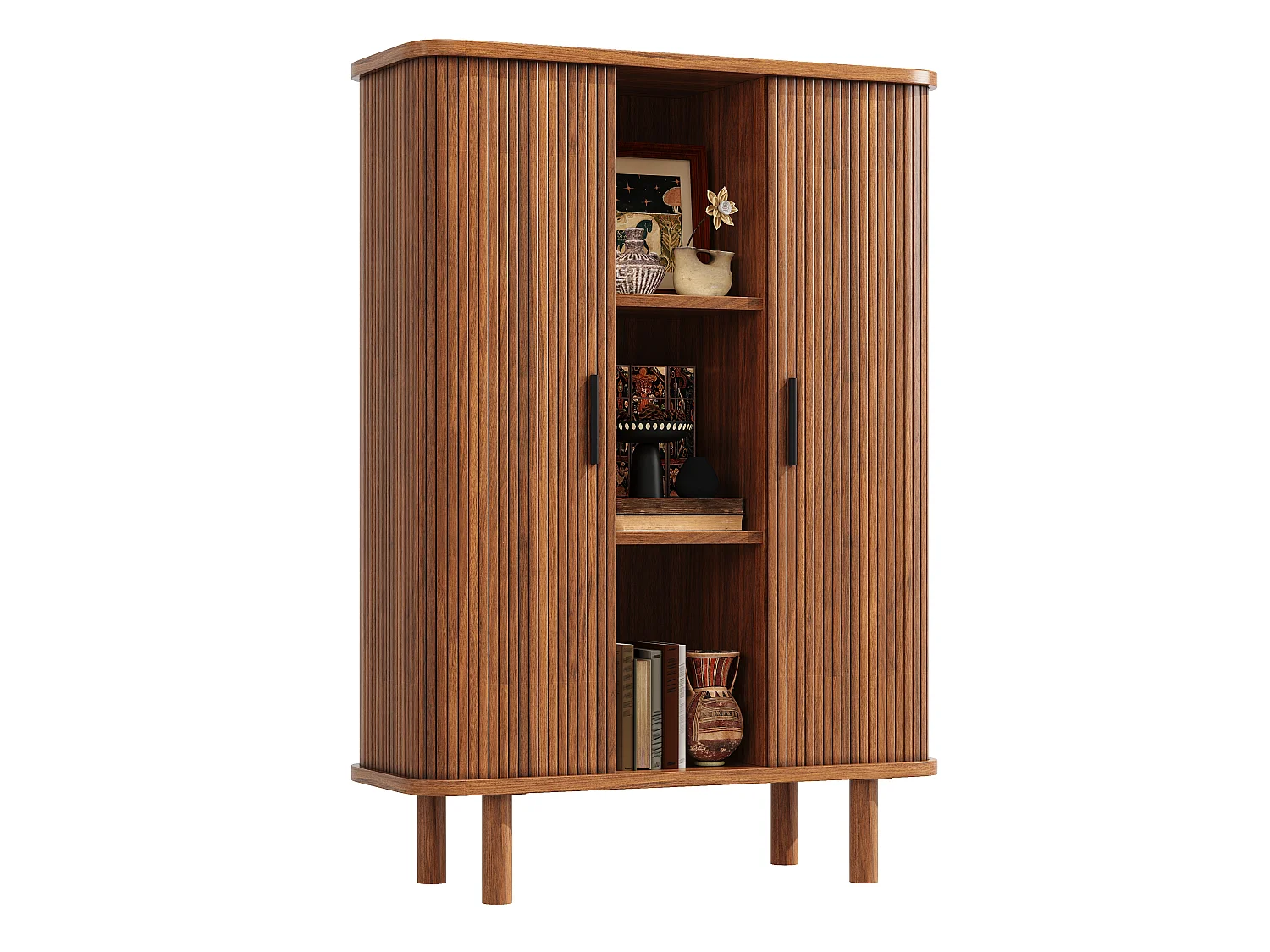 Buffet Haut avec Portes à Enroulement 110x160cm - Meuble de Rangement avec Coins Arrondis & Pieds en Bois Massif, Style Rétro - Marron Foncé