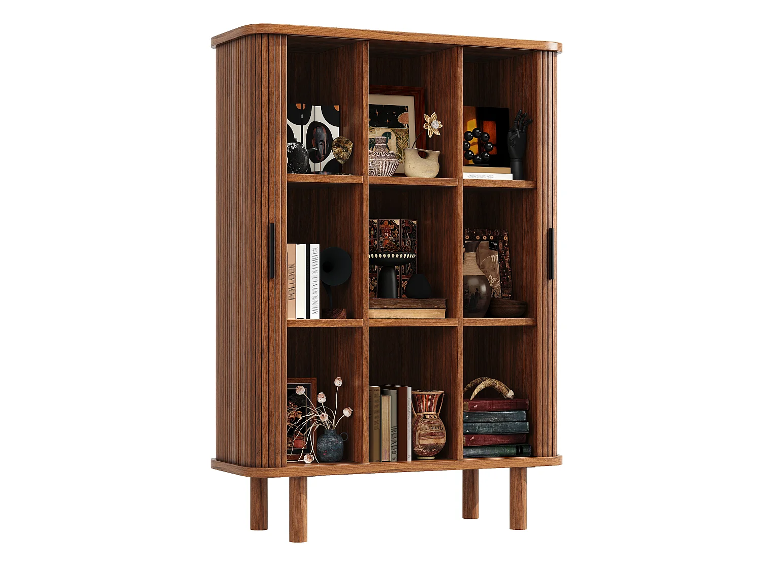 Buffet Haut avec Portes à Enroulement 110x160cm - Meuble de Rangement avec Coins Arrondis & Pieds en Bois Massif, Style Rétro - Marron Foncé