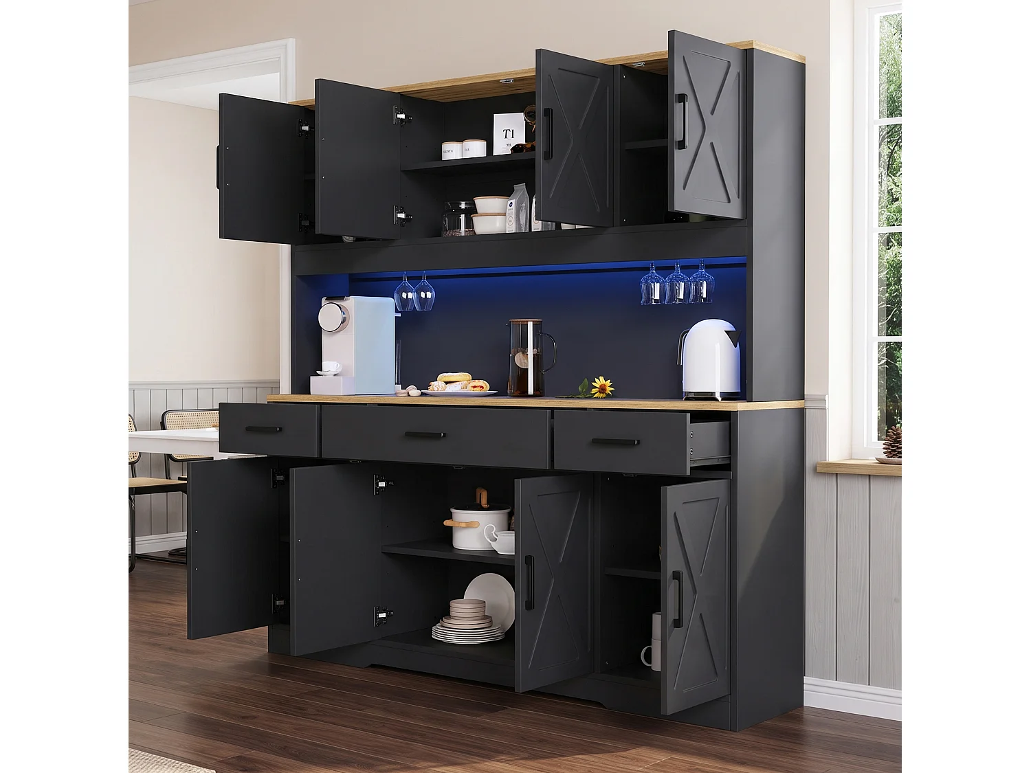 Köksbuffé 150x40x180 cm - med LED och USB-port - 8 dörrar och 3 lådor - 2 vinställ - Svart och ek