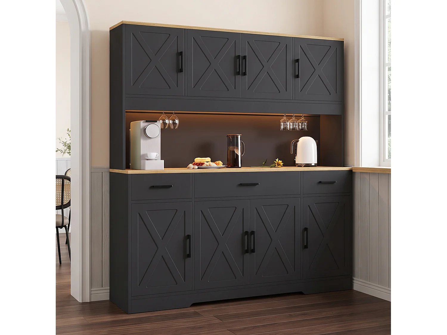 Köksbuffé 150x40x180 cm - med LED och USB-port - 8 dörrar och 3 lådor - 2 vinställ - Svart och ek