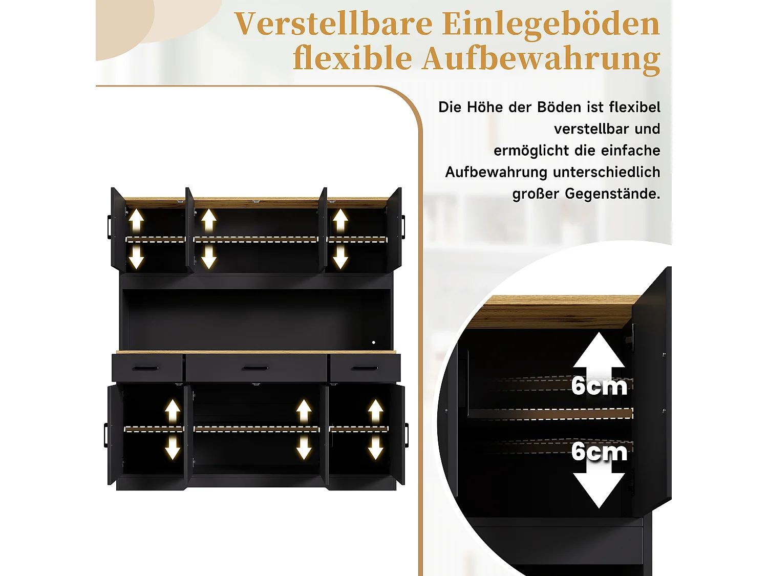 Köksbuffé 150x40x180 cm - med LED och USB-port - 8 dörrar och 3 lådor - 2 vinställ - Svart och ek