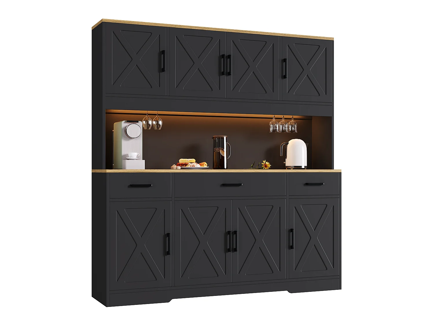 Köksbuffé 150x40x180 cm - med LED och USB-port - 8 dörrar och 3 lådor - 2 vinställ - Svart och ek