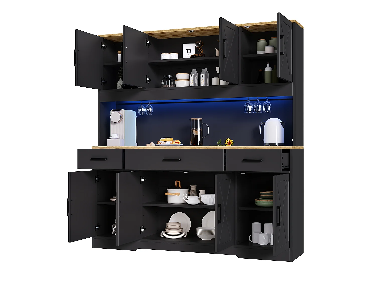 Köksbuffé 150x40x180 cm - med LED och USB-port - 8 dörrar och 3 lådor - 2 vinställ - Svart och ek