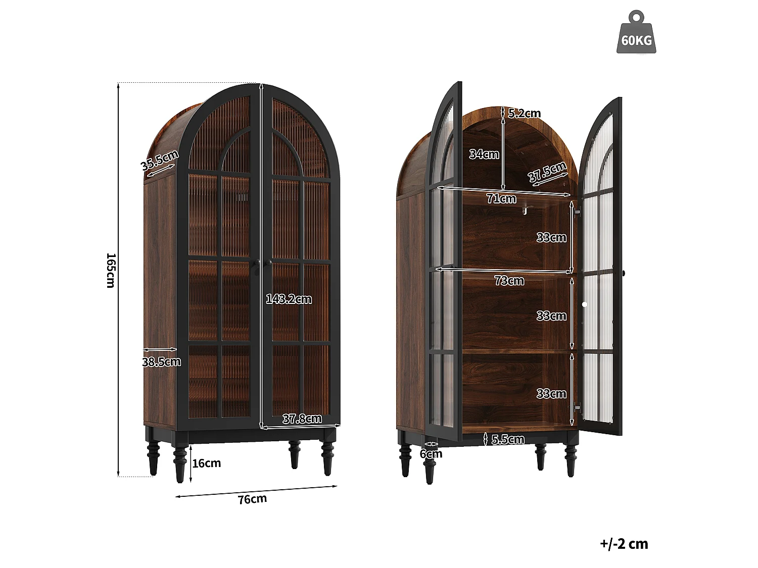 Combinazione di 2 vetrine Alte ad Arco 165cm - Mobile di Contenimento con Ante in Vetro e Gambe in Legno Massello - Design Retro Chic - Nero