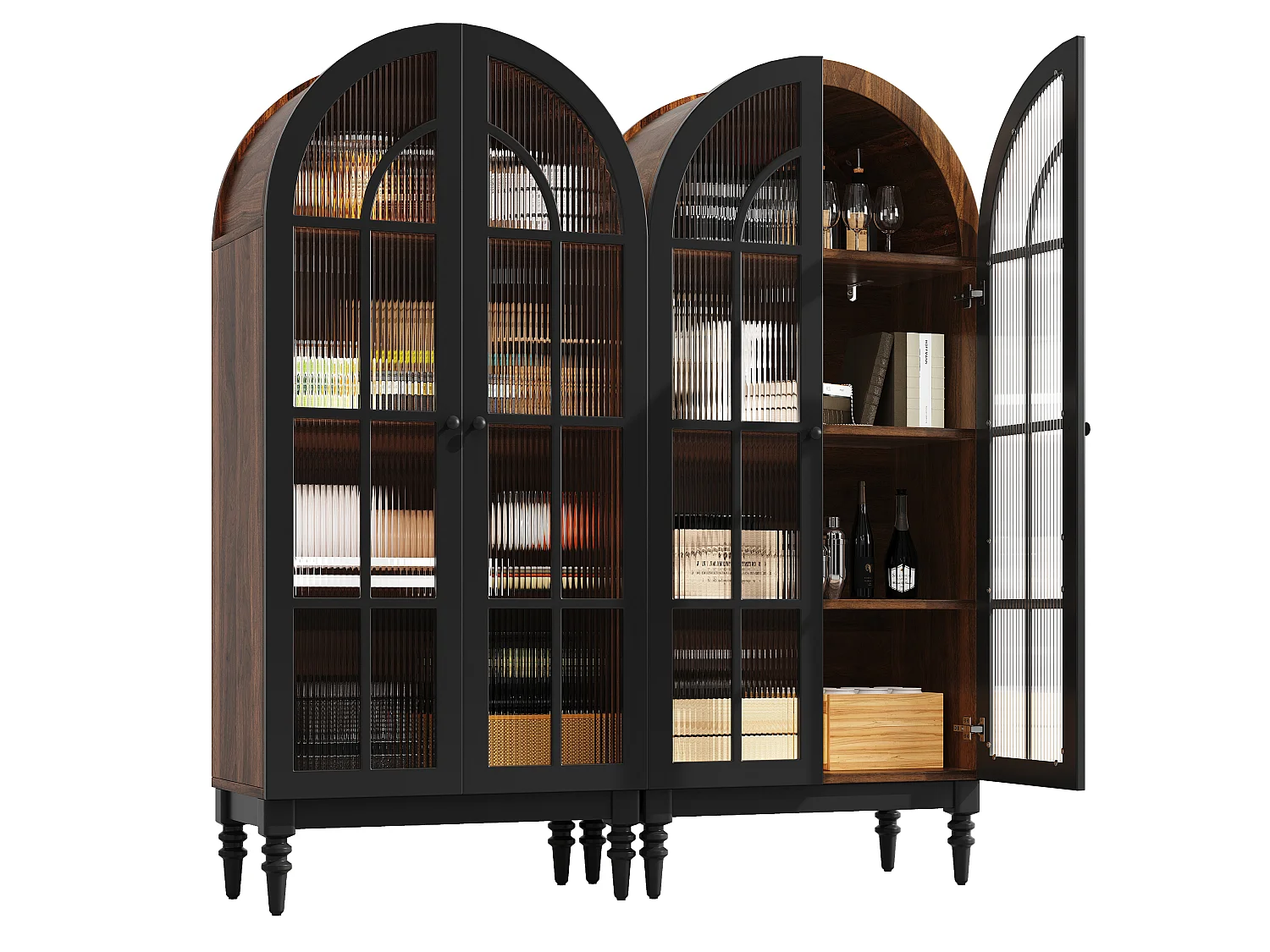 Combinazione di 2 vetrine Alte ad Arco 165cm - Mobile di Contenimento con Ante in Vetro e Gambe in Legno Massello - Design Retro Chic - Nero