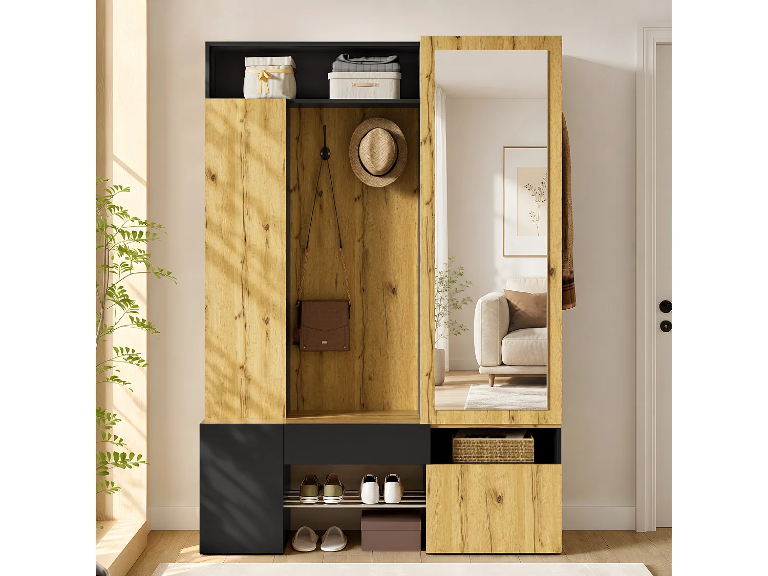 Entreegarderobe-set - Schoenenmeubel en een spiegel - Met roede en haken - 3 deuren en 1 lade - Zwart en naturel