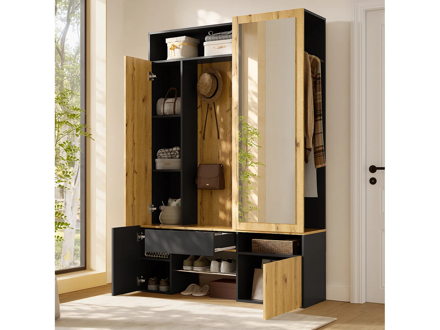Entreegarderobe-set - Schoenenmeubel en een spiegel - Met roede en haken - 3 deuren en 1 lade - Zwart en naturel