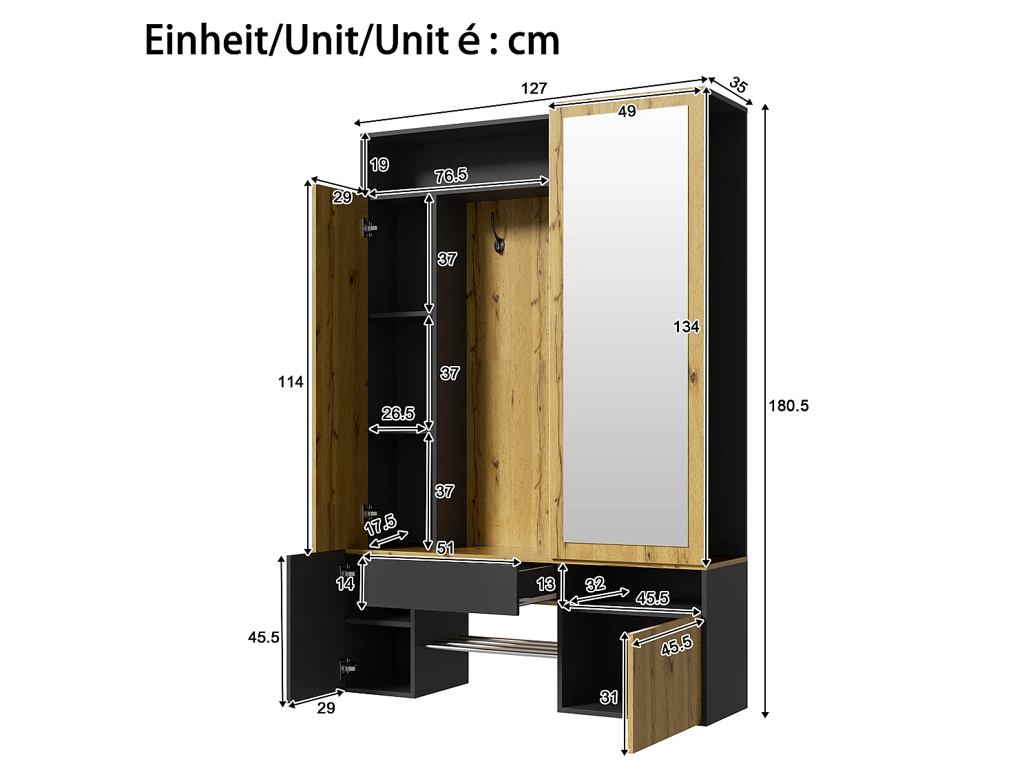 Entreegarderobe-set - Schoenenmeubel en een spiegel - Met roede en haken - 3 deuren en 1 lade - Zwart en naturel