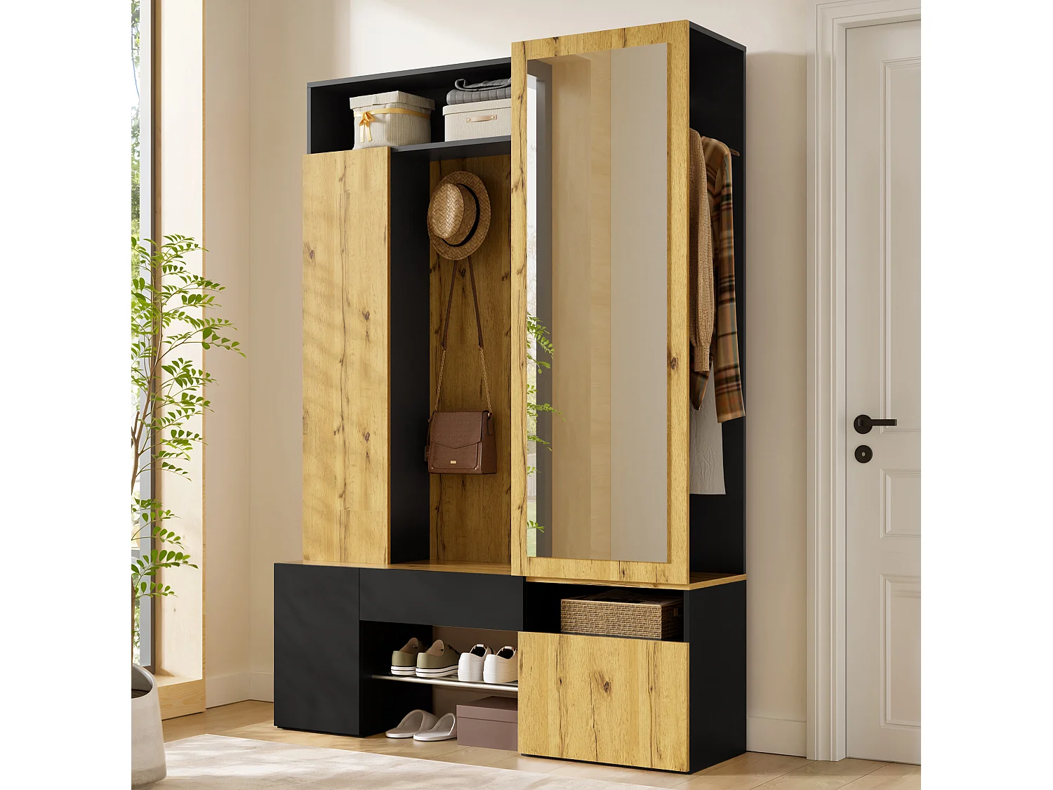 Entreegarderobe-set - Schoenenmeubel en een spiegel - Met roede en haken - 3 deuren en 1 lade - Zwart en naturel