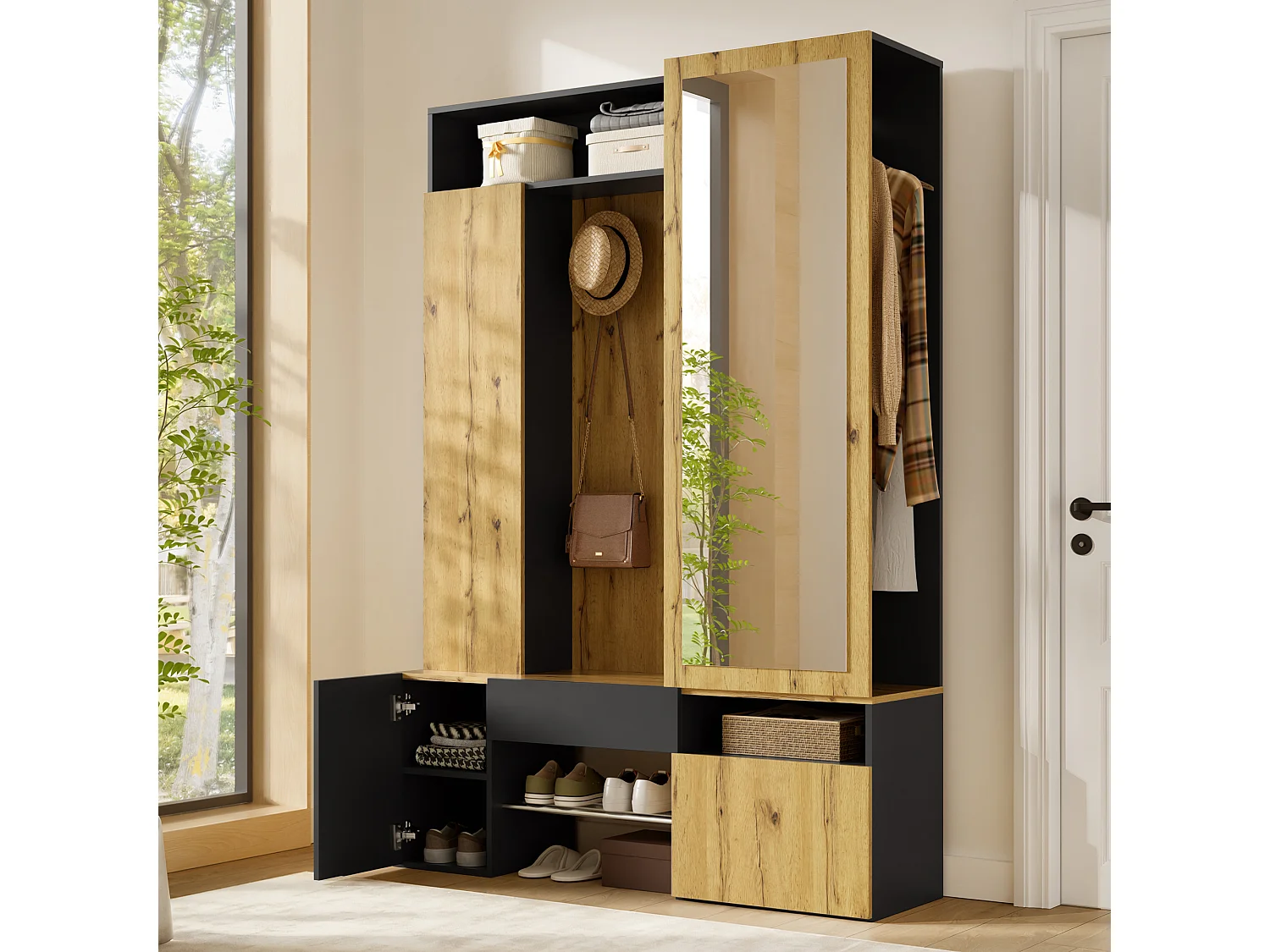 Entreegarderobe-set - Schoenenmeubel en een spiegel - Met roede en haken - 3 deuren en 1 lade - Zwart en naturel