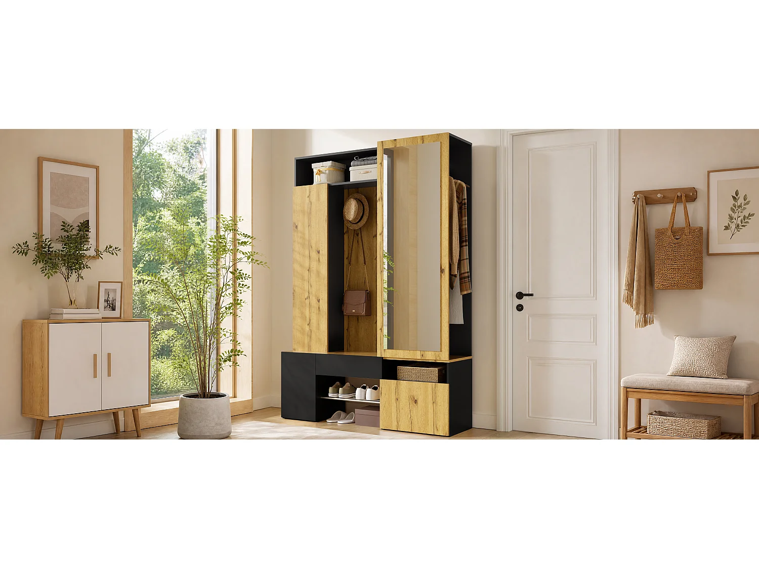 Entreegarderobe-set - Schoenenmeubel en een spiegel - Met roede en haken - 3 deuren en 1 lade - Zwart en naturel