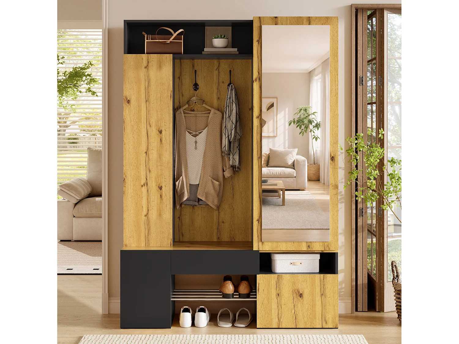 Entreegarderobe-set - Schoenenmeubel en een spiegel - Met roede en haken - 3 deuren en 1 lade - Zwart en naturel