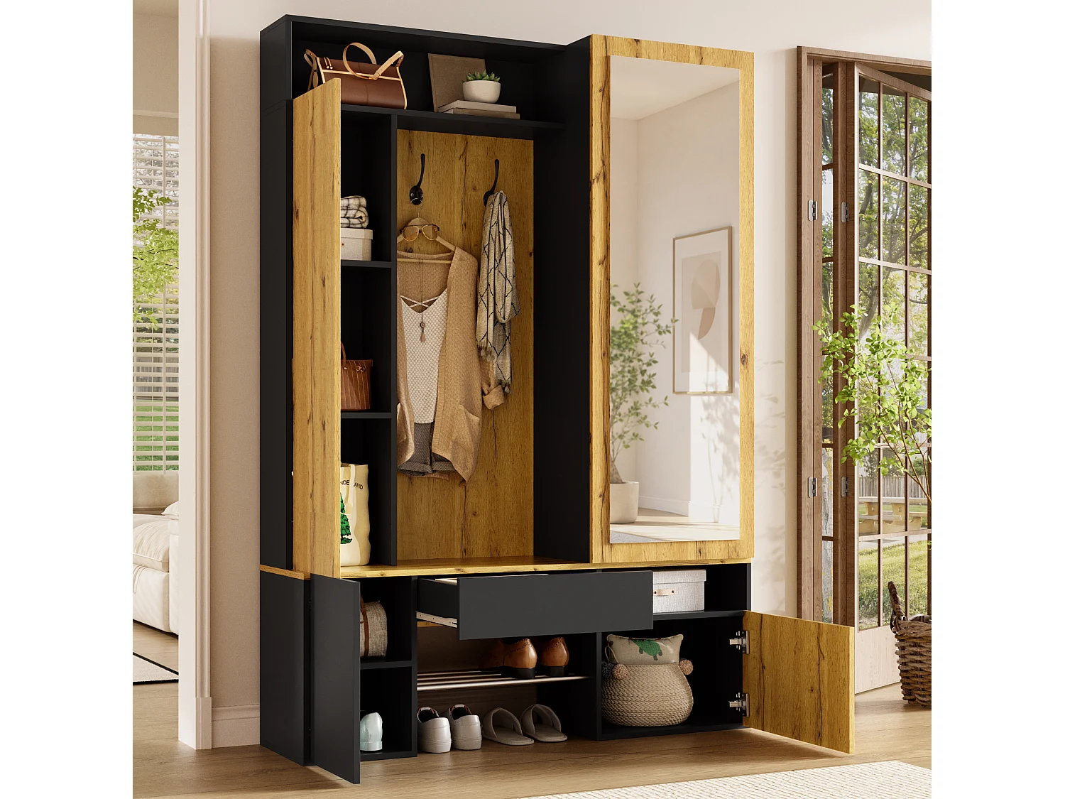 Entreegarderobe-set - Schoenenmeubel en een spiegel - Met roede en haken - 3 deuren en 1 lade - Zwart en naturel