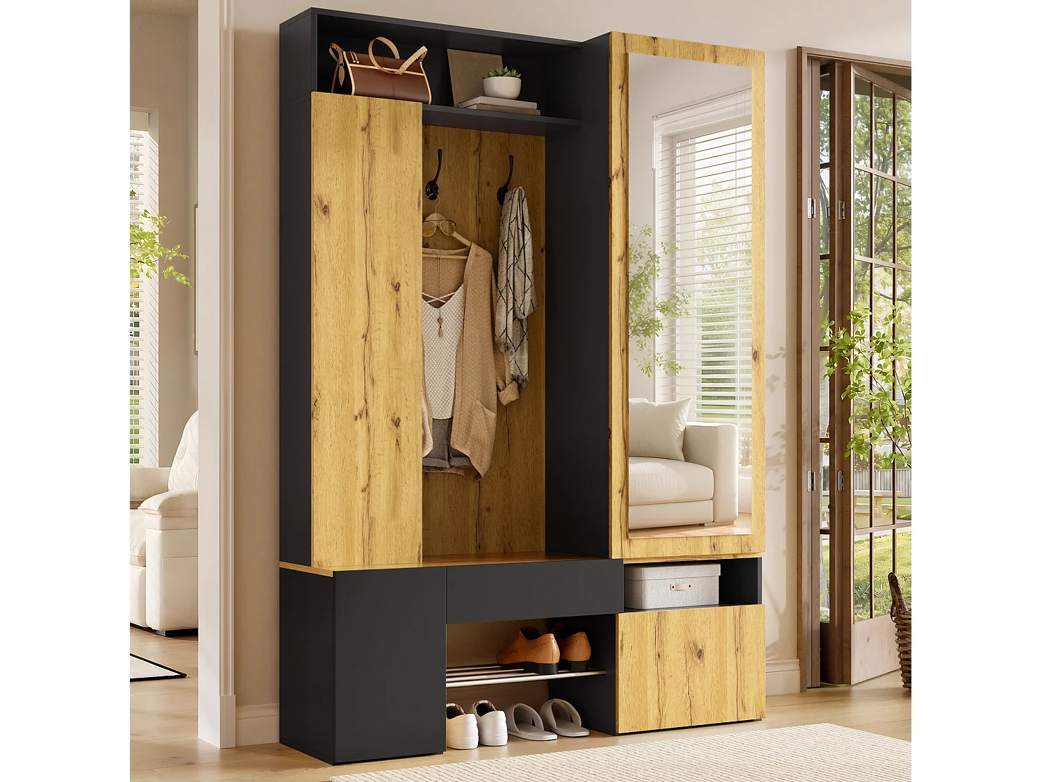 Entreegarderobe-set - Schoenenmeubel en een spiegel - Met roede en haken - 3 deuren en 1 lade - Zwart en naturel