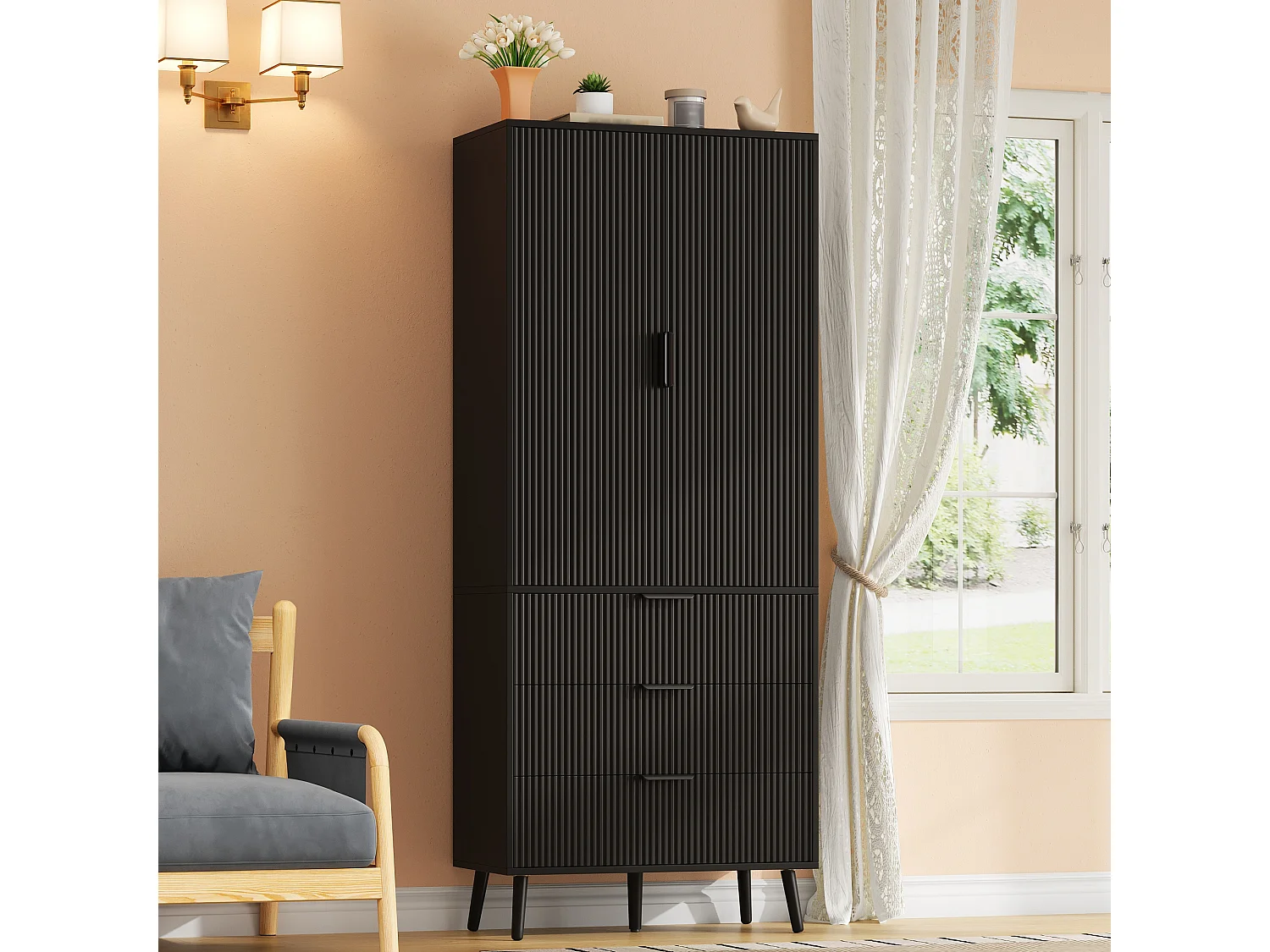 Buffet de cuisine 75x35x180cm - avec 2 portes et 3 tiroirs - avec étagère à épices - Noir