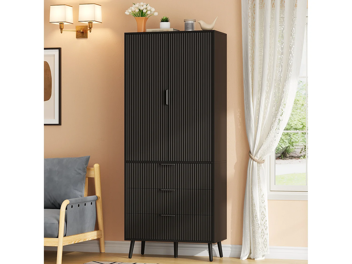 Buffet de cuisine 75x35x180cm - avec 2 portes et 3 tiroirs - avec étagère à épices - Noir