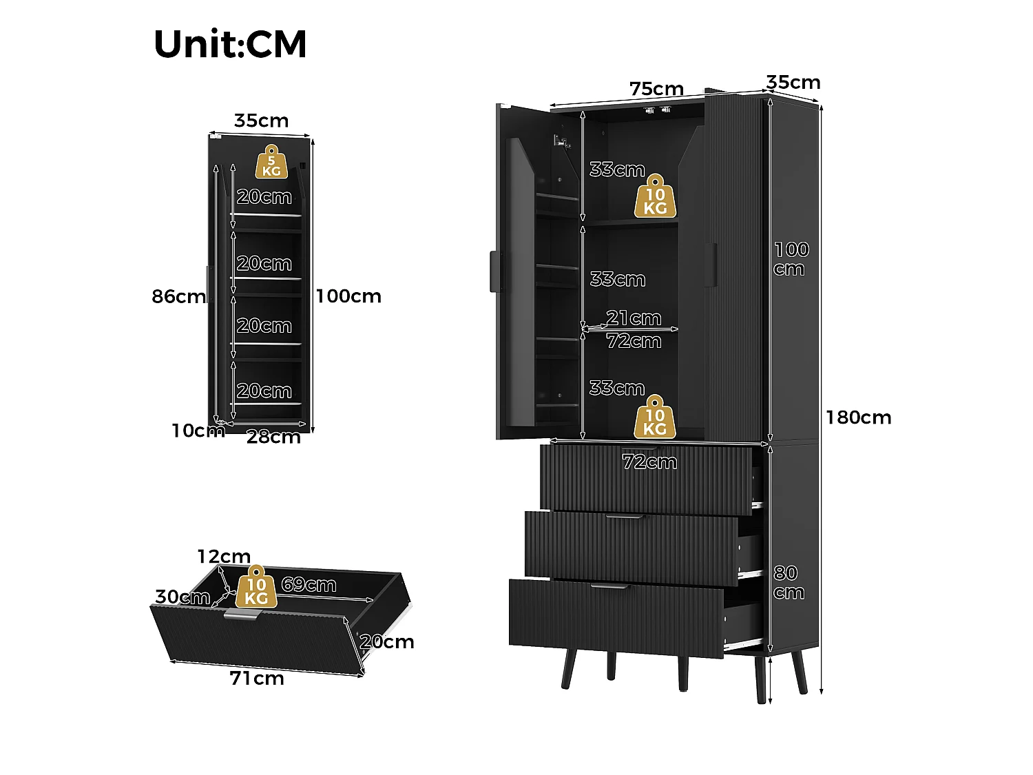 Buffet de cuisine 75x35x180cm - avec 2 portes et 3 tiroirs - avec étagère à épices - Noir