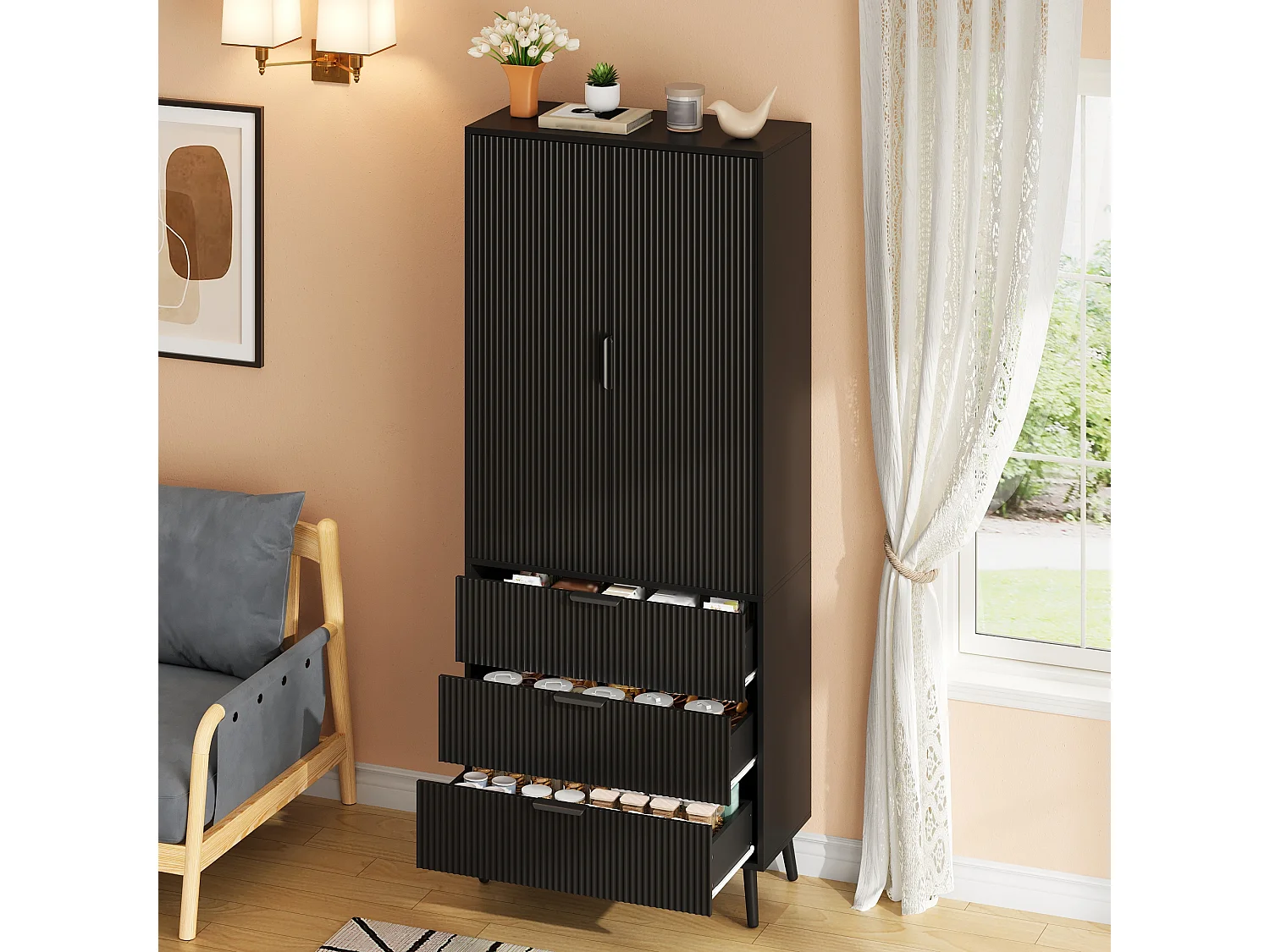 Buffet de cuisine 75x35x180cm - avec 2 portes et 3 tiroirs - avec étagère à épices - Noir