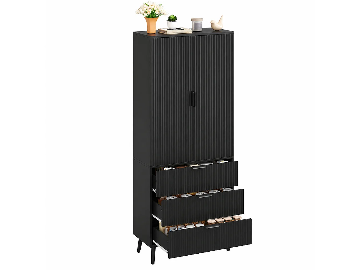 Buffet de cuisine 75x35x180cm - avec 2 portes et 3 tiroirs - avec étagère à épices - Noir