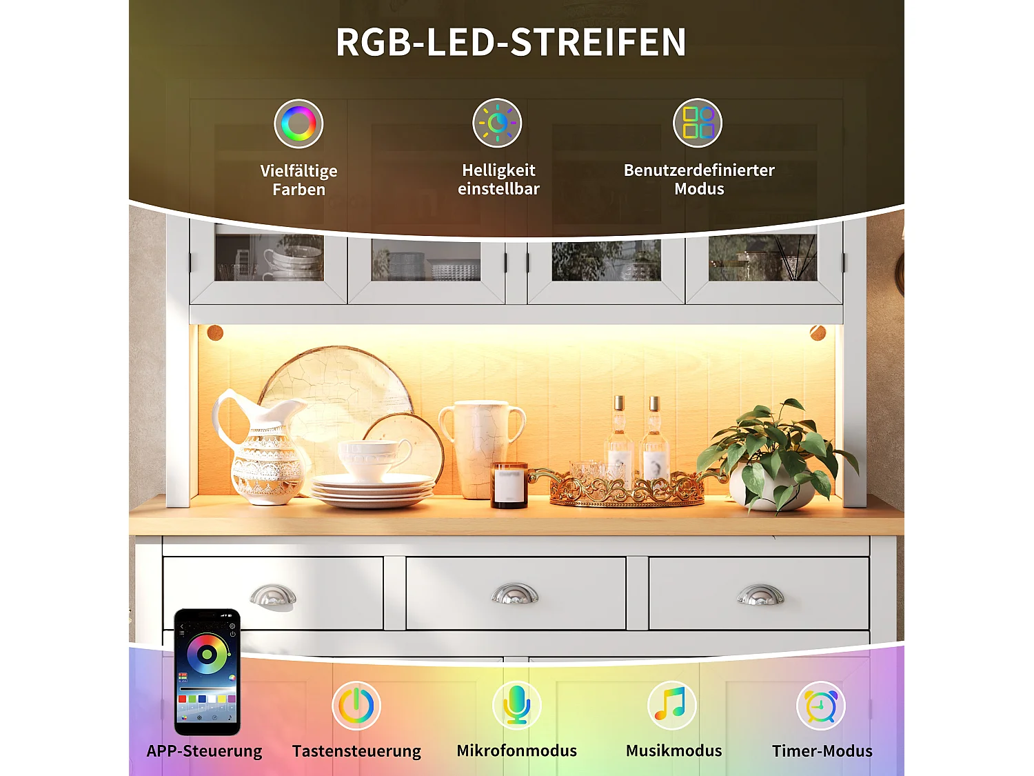Förvaringsskåp Hög 140cm - Köksbuffé Vitrinskåp med LED RGB, Soft-Close-dörrar & Justerbara Hyllor, Modern Stil - Grå