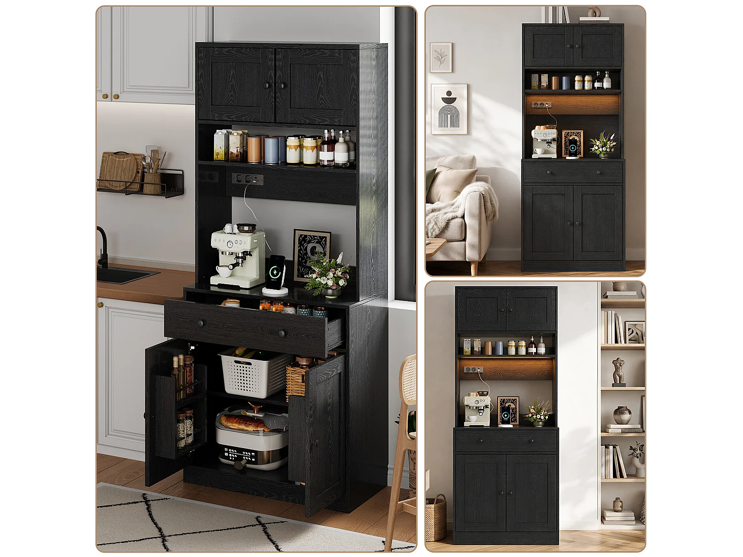 Køkkenbuffet 72x40x180cm - med 4 døre og 1 skuffe - med LED-belysning og strømudtag - med krydderihylde - Sort