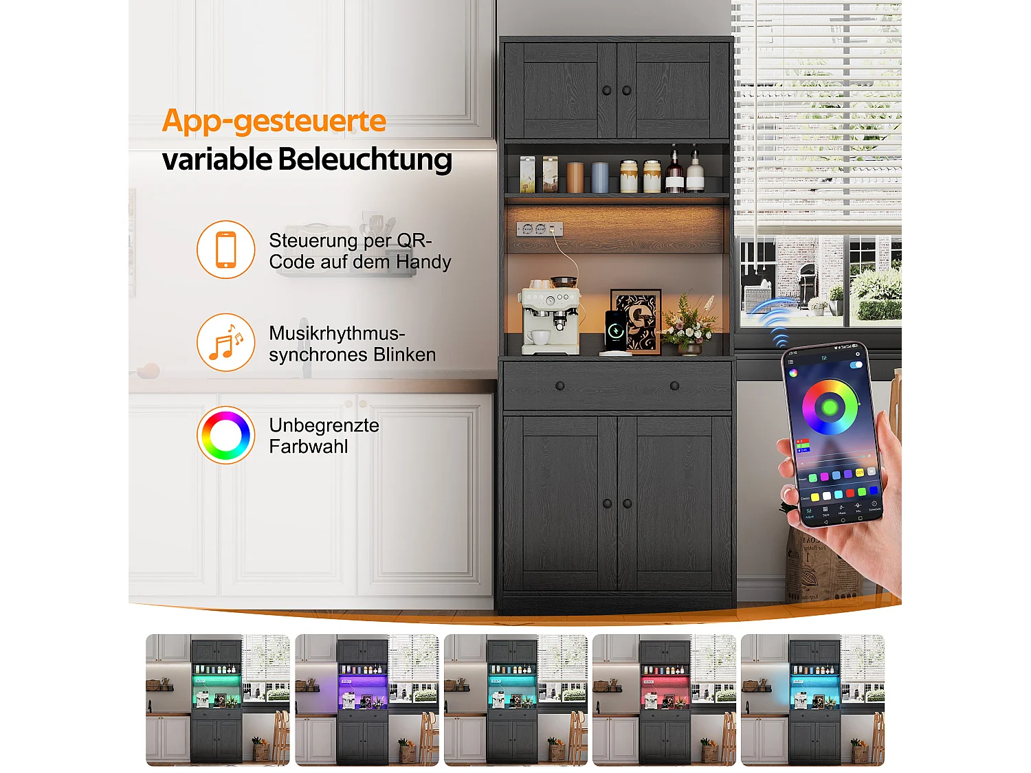 Køkkenbuffet 72x40x180cm - med 4 døre og 1 skuffe - med LED-belysning og strømudtag - med krydderihylde - Sort