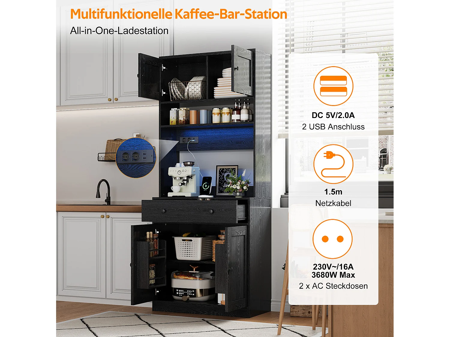 Køkkenbuffet 72x40x180cm - med 4 døre og 1 skuffe - med LED-belysning og strømudtag - med krydderihylde - Sort