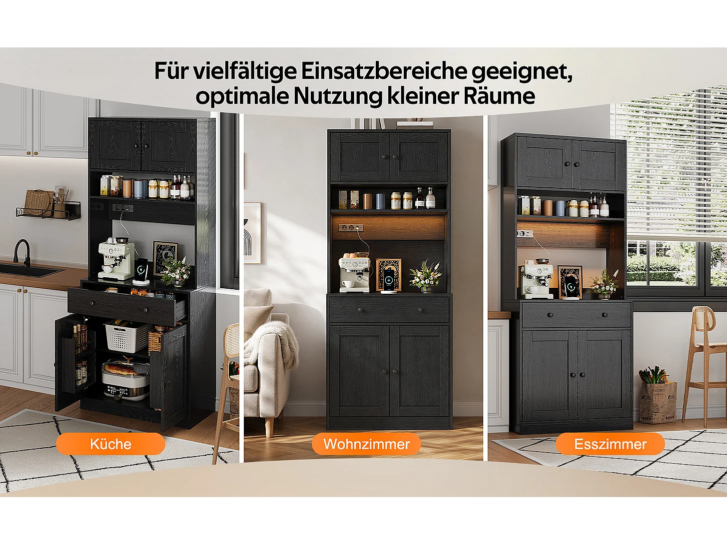 Køkkenbuffet 72x40x180cm - med 4 døre og 1 skuffe - med LED-belysning og strømudtag - med krydderihylde - Sort