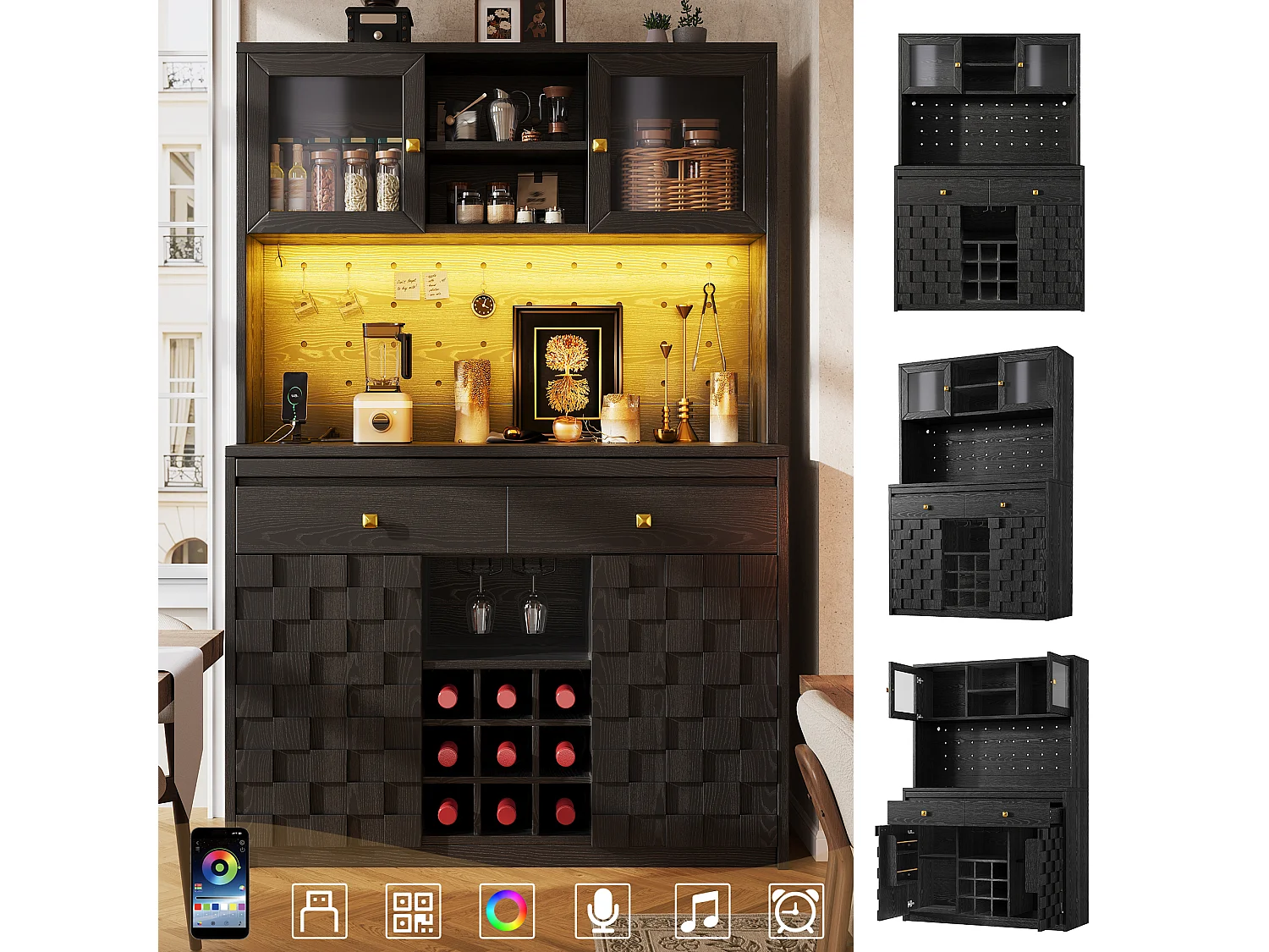 Mobile di Contenitore Alto 120cm - Buffet da Cucina Multifunzione con LED RGB, Prese USB & Ante in Acrilico, Stile Moderno - Nero