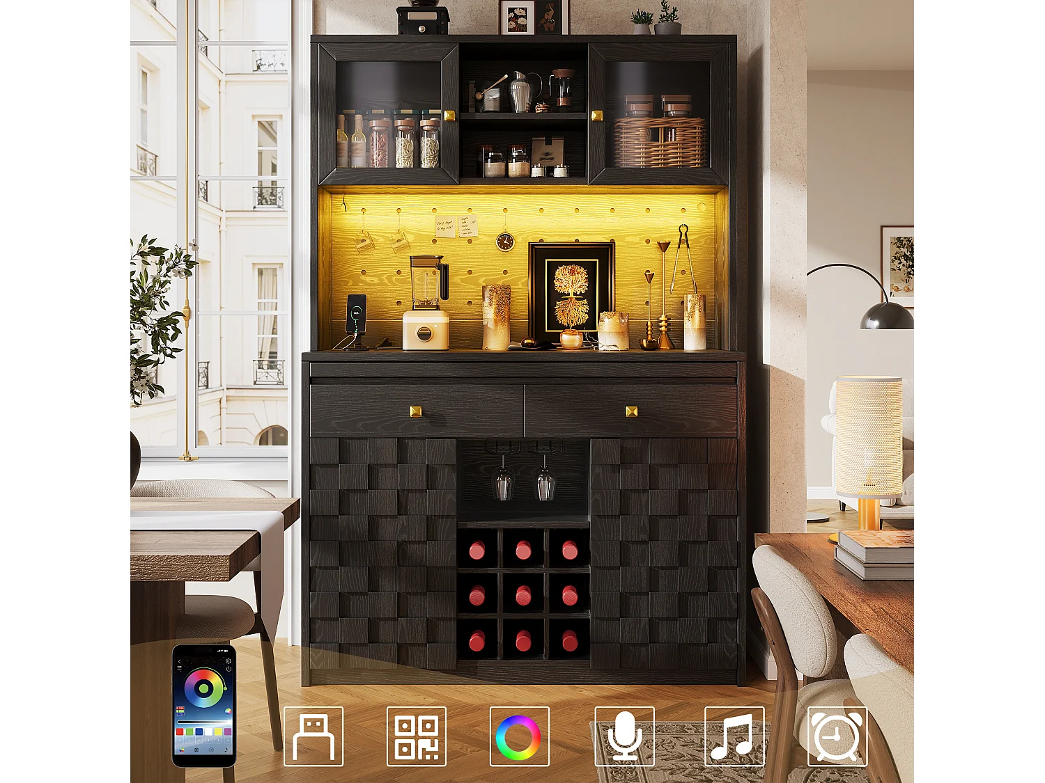 Mobile di Contenitore Alto 120cm - Buffet da Cucina Multifunzione con LED RGB, Prese USB & Ante in Acrilico, Stile Moderno - Nero