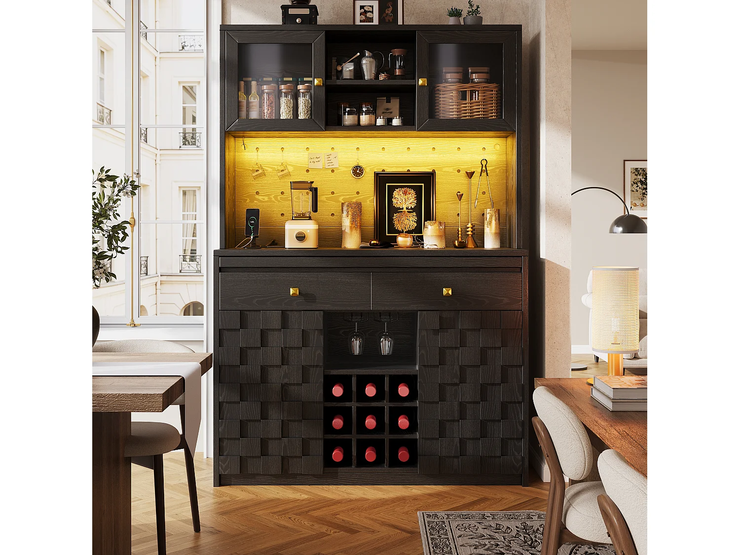 Mobile di Contenitore Alto 120cm - Buffet da Cucina Multifunzione con LED RGB, Prese USB & Ante in Acrilico, Stile Moderno - Nero