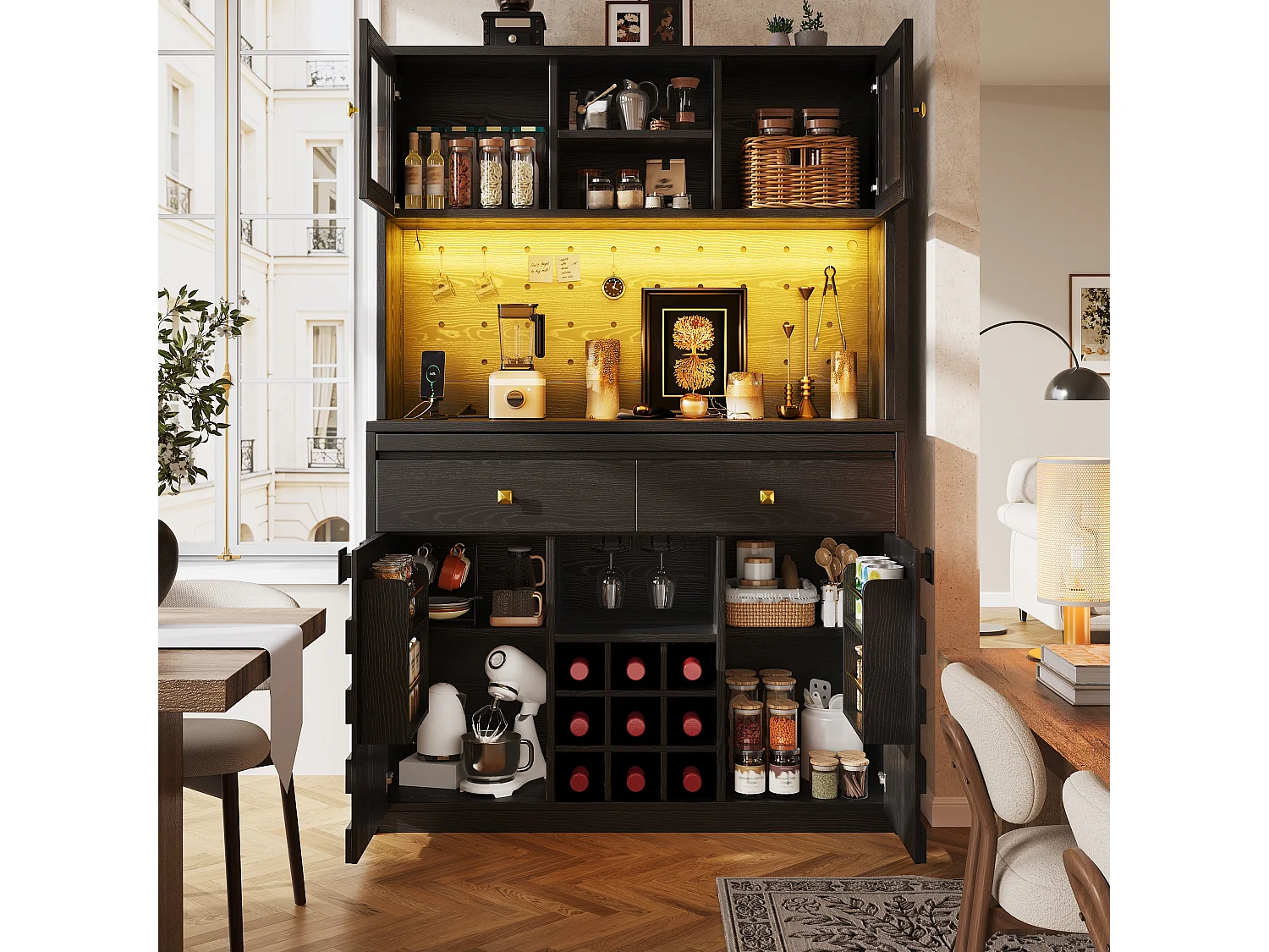 Mobile di Contenitore Alto 120cm - Buffet da Cucina Multifunzione con LED RGB, Prese USB & Ante in Acrilico, Stile Moderno - Nero