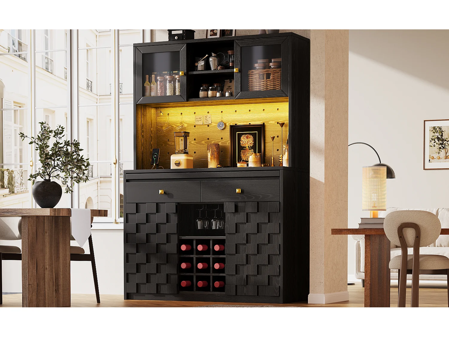 Mobile di Contenitore Alto 120cm - Buffet da Cucina Multifunzione con LED RGB, Prese USB & Ante in Acrilico, Stile Moderno - Nero