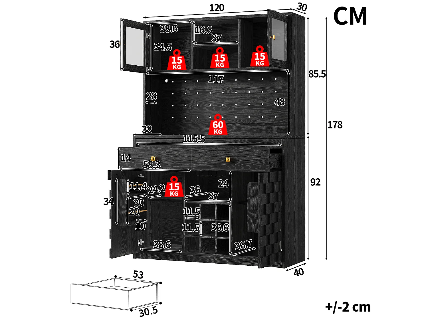 Mobile di Contenitore Alto 120cm - Buffet da Cucina Multifunzione con LED RGB, Prese USB & Ante in Acrilico, Stile Moderno - Nero