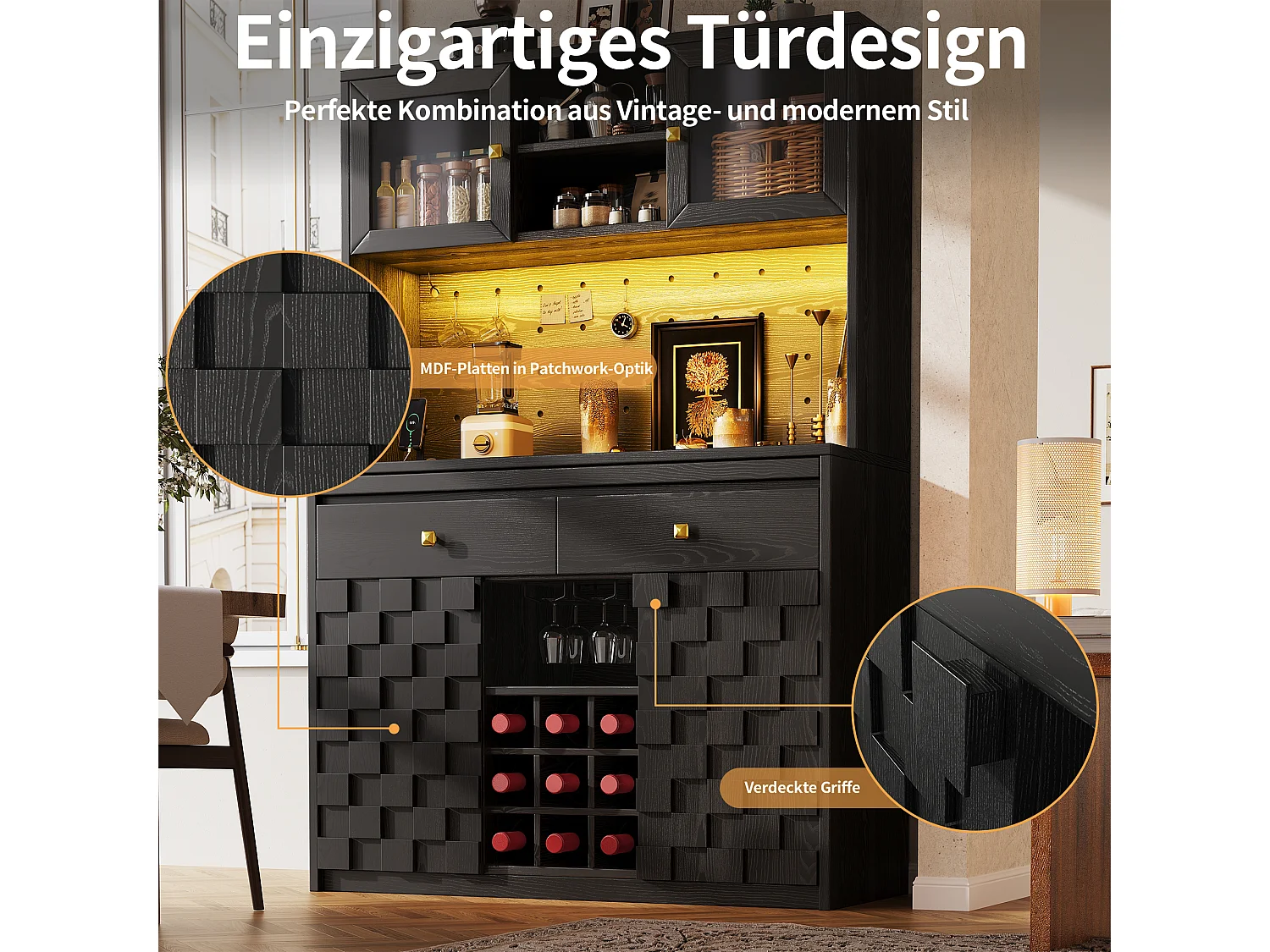 Mobile di Contenitore Alto 120cm - Buffet da Cucina Multifunzione con LED RGB, Prese USB & Ante in Acrilico, Stile Moderno - Nero