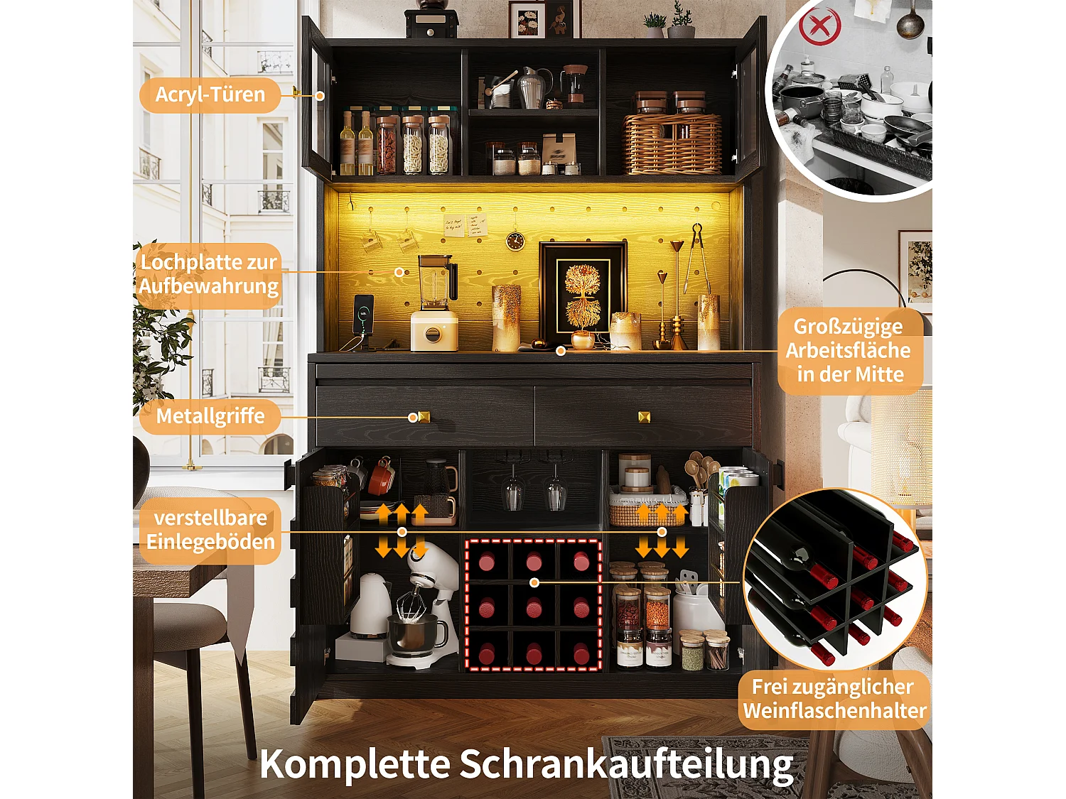 Mobile di Contenitore Alto 120cm - Buffet da Cucina Multifunzione con LED RGB, Prese USB & Ante in Acrilico, Stile Moderno - Nero