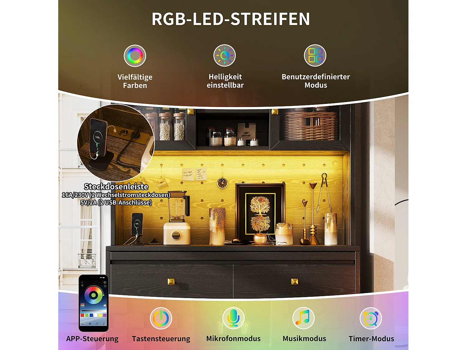 Mobile di Contenitore Alto 120cm - Buffet da Cucina Multifunzione con LED RGB, Prese USB & Ante in Acrilico, Stile Moderno - Nero