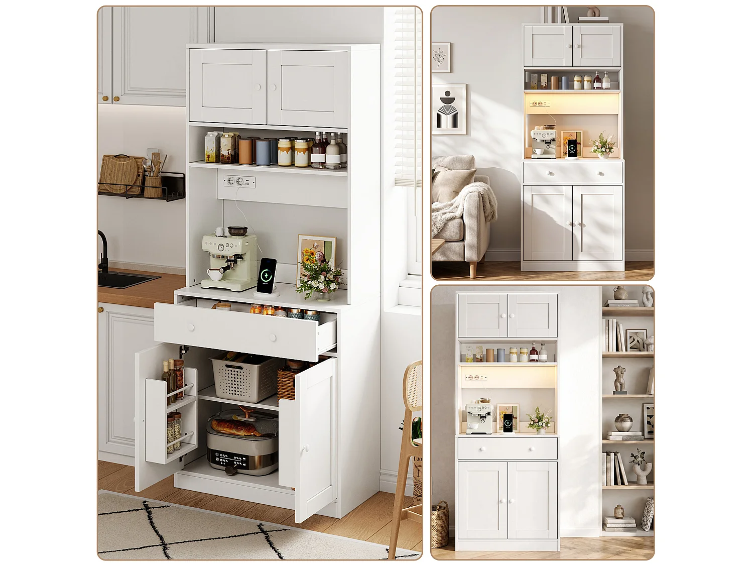 Mueble de cocina 72x40x180cm - con 4 puertas y 1 cajón - con iluminación LED y toma de corriente - con estante para especias - Blanco