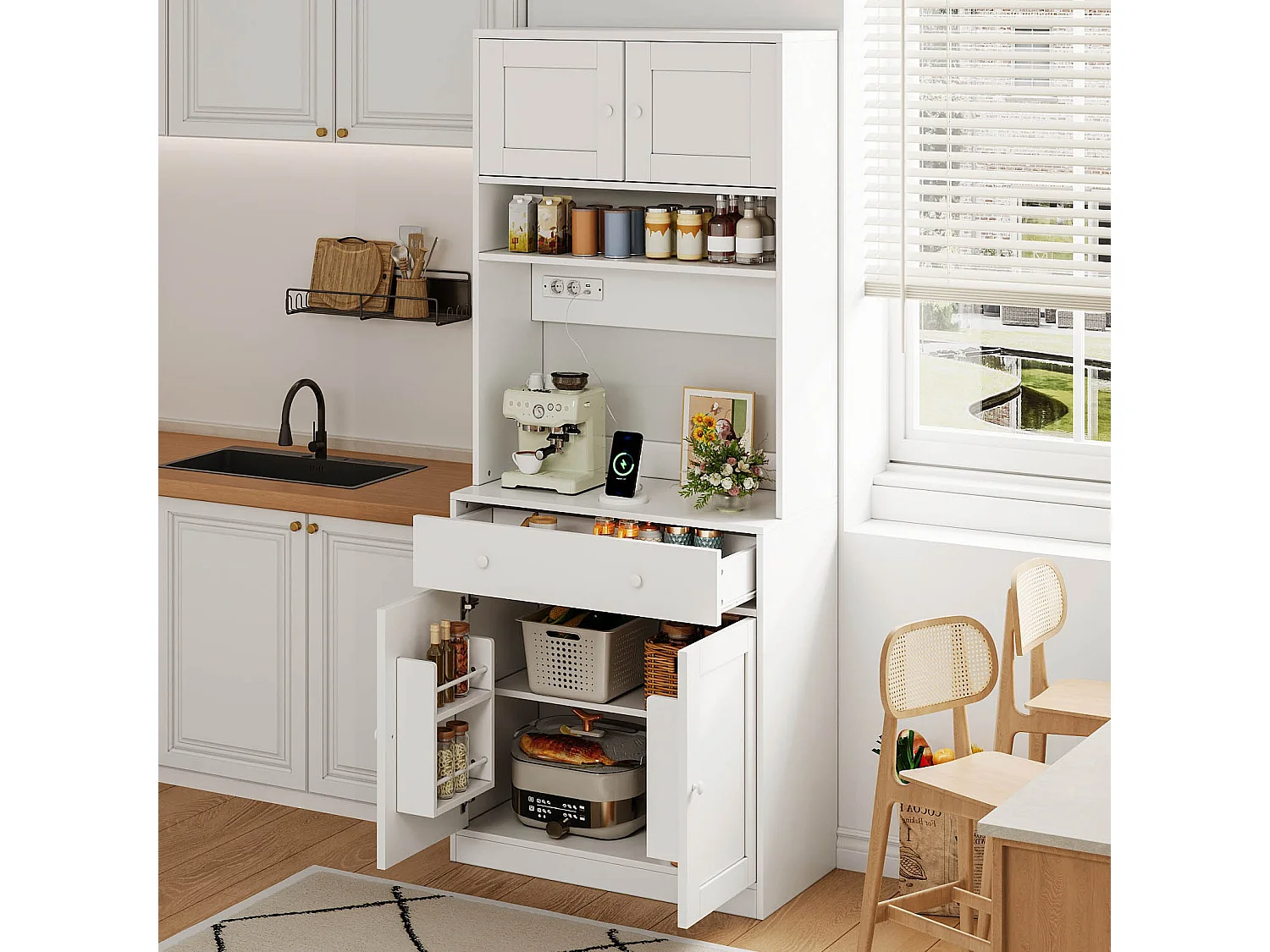 Mueble de cocina 72x40x180cm - con 4 puertas y 1 cajón - con iluminación LED y toma de corriente - con estante para especias - Blanco