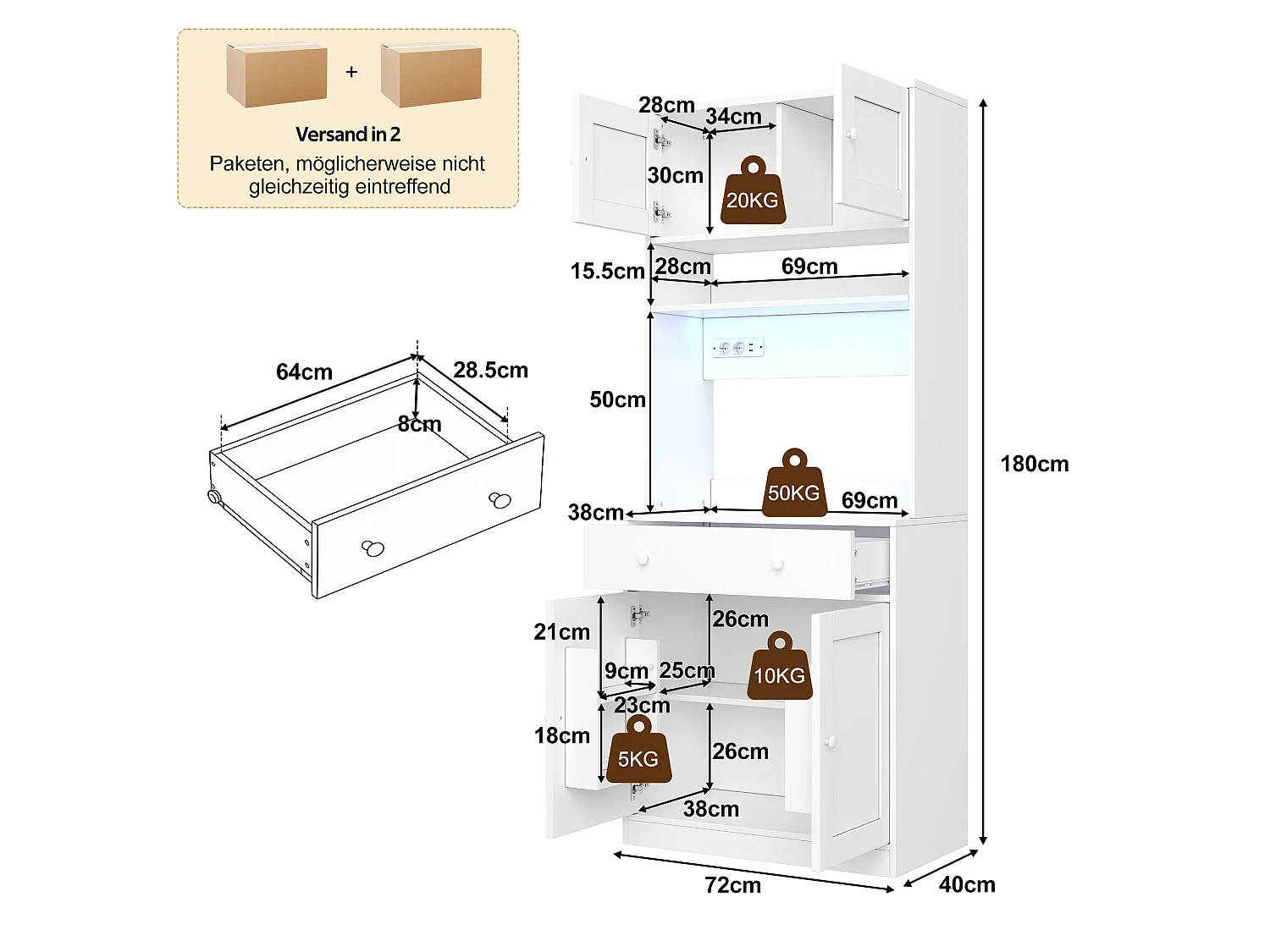 Mueble de cocina 72x40x180cm - con 4 puertas y 1 cajón - con iluminación LED y toma de corriente - con estante para especias - Blanco