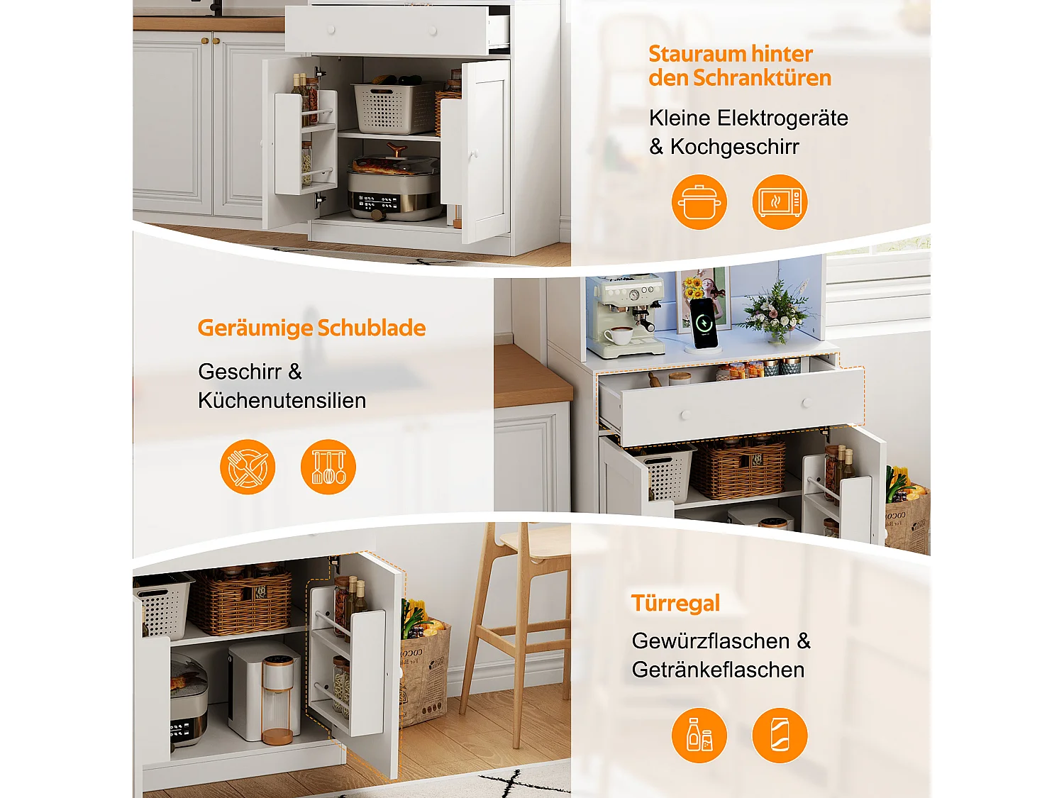 Mueble de cocina 72x40x180cm - con 4 puertas y 1 cajón - con iluminación LED y toma de corriente - con estante para especias - Blanco