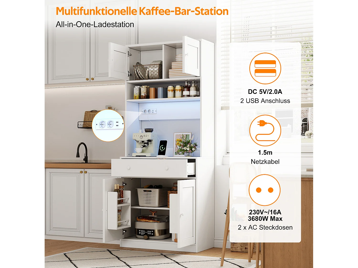 Mueble de cocina 72x40x180cm - con 4 puertas y 1 cajón - con iluminación LED y toma de corriente - con estante para especias - Blanco
