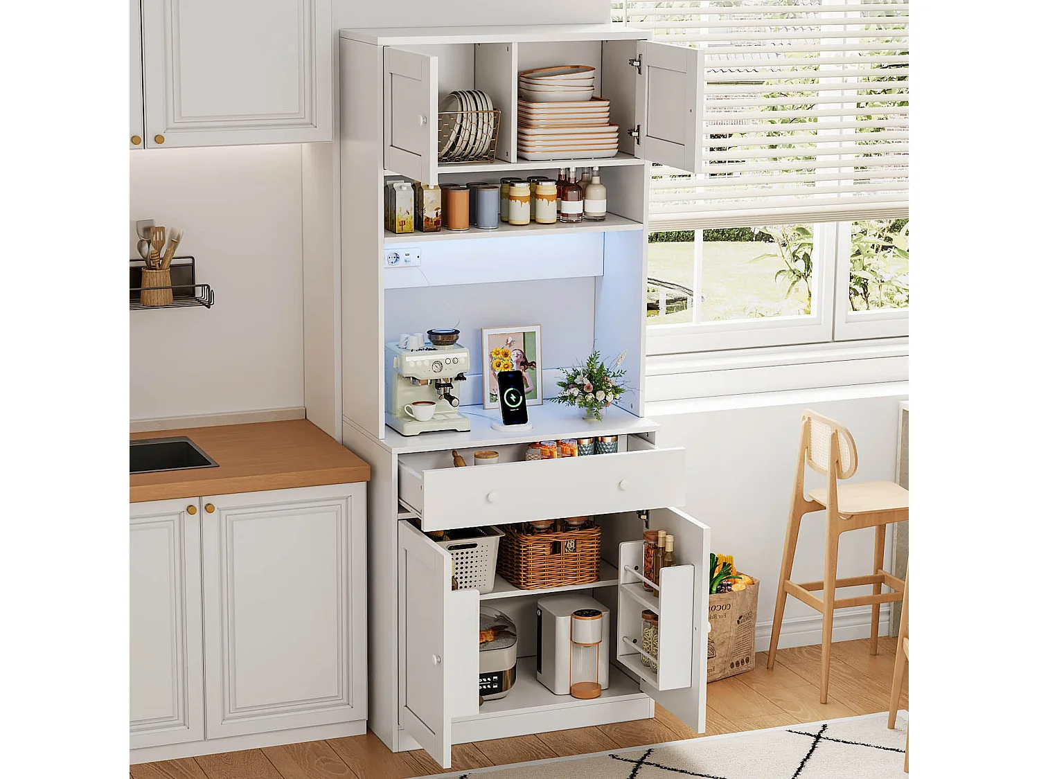 Mueble de cocina 72x40x180cm - con 4 puertas y 1 cajón - con iluminación LED y toma de corriente - con estante para especias - Blanco