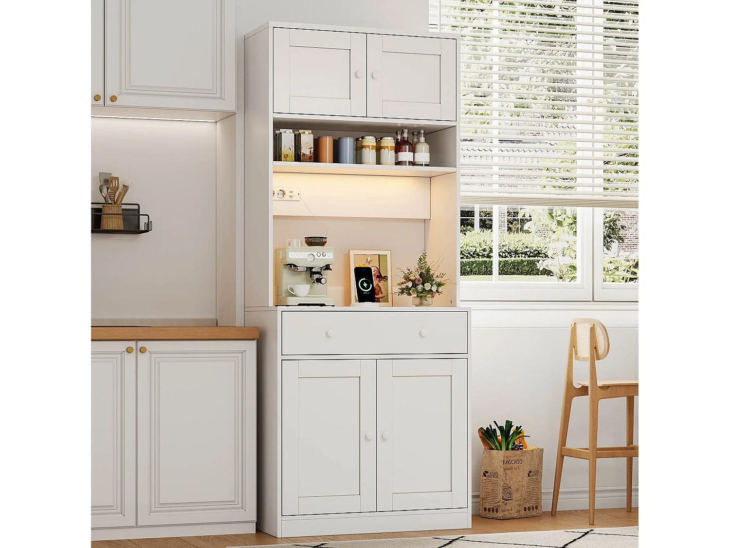 Mueble de cocina 72x40x180cm - con 4 puertas y 1 cajón - con iluminación LED y toma de corriente - con estante para especias - Blanco