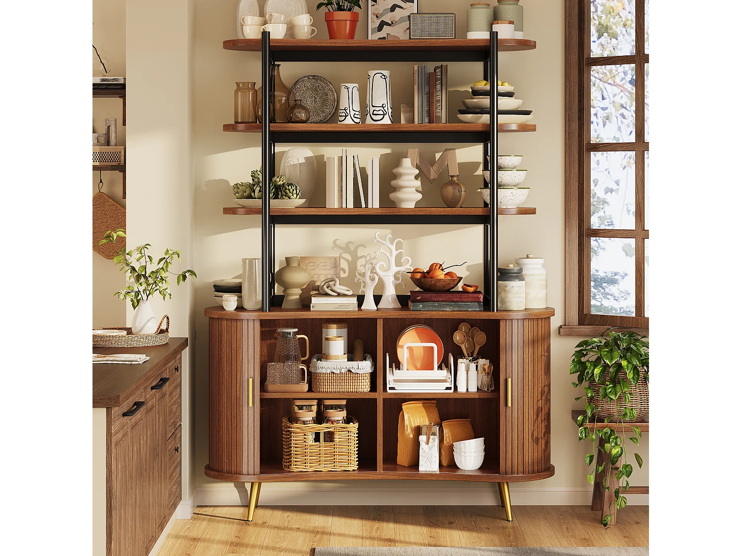 Buffet Haut avec Portes Coulissantes & Présentoir 4 Niveaux 120x183cm - Rangement Cuisine avec Pieds Dorés, Style Rétro - Marron Foncé