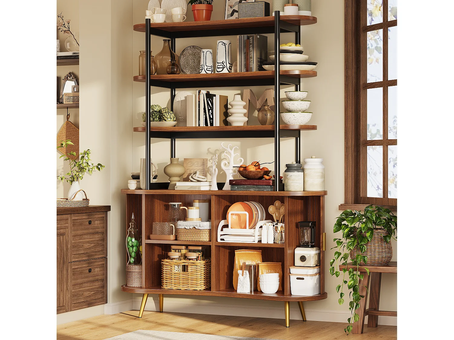 Buffet Haut avec Portes Coulissantes & Présentoir 4 Niveaux 120x183cm - Rangement Cuisine avec Pieds Dorés, Style Rétro - Marron Foncé