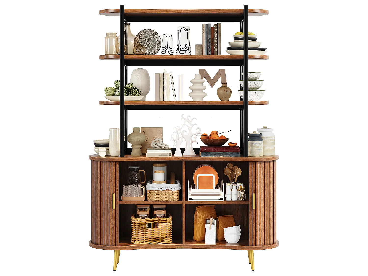 Buffet Haut avec Portes Coulissantes & Présentoir 4 Niveaux 120x183cm - Rangement Cuisine avec Pieds Dorés, Style Rétro - Marron Foncé
