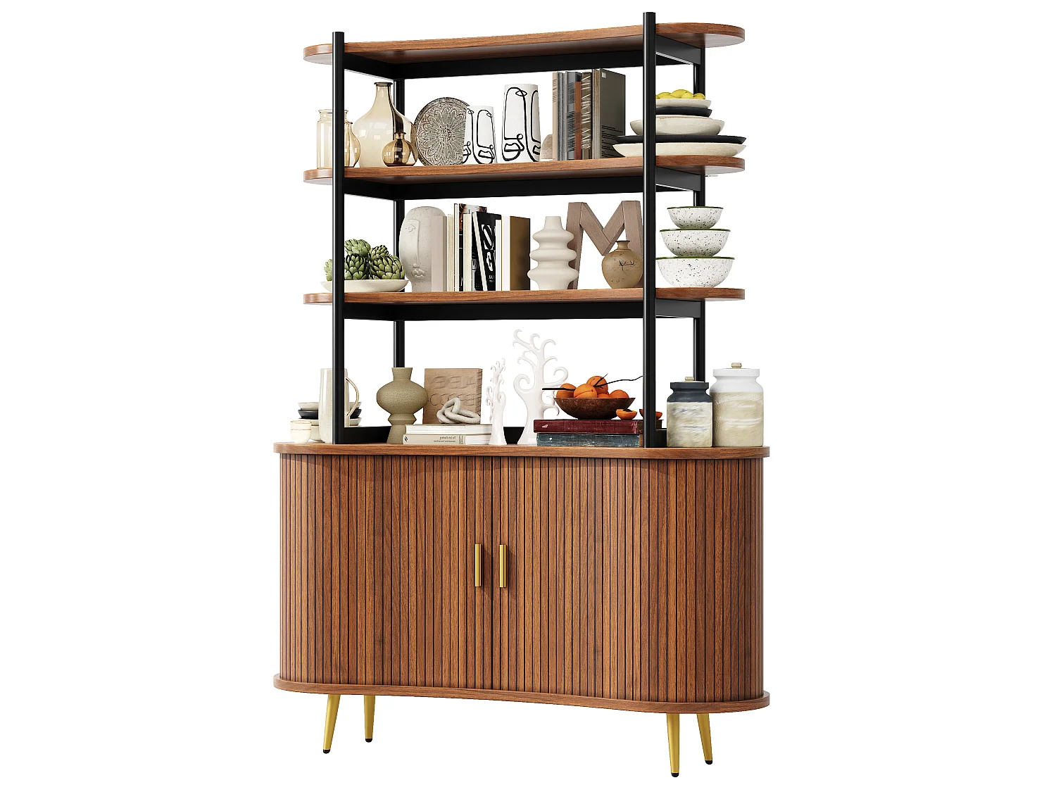 Buffet Haut avec Portes Coulissantes & Présentoir 4 Niveaux 120x183cm - Rangement Cuisine avec Pieds Dorés, Style Rétro - Marron Foncé